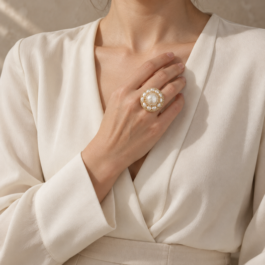 Pearl statement ring worn with an ivory blouse, with the hand resting near the collarbone to show the overall look.