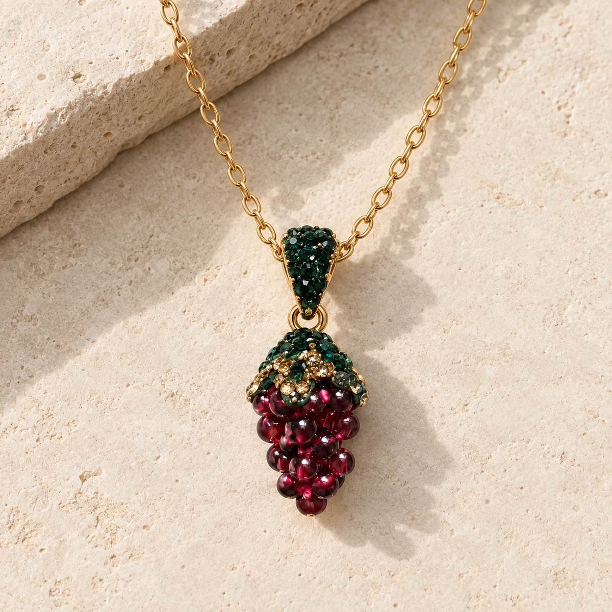 Grape-cluster pendant necklace with burgundy beads and green accents resting on pale stone in soft side light.