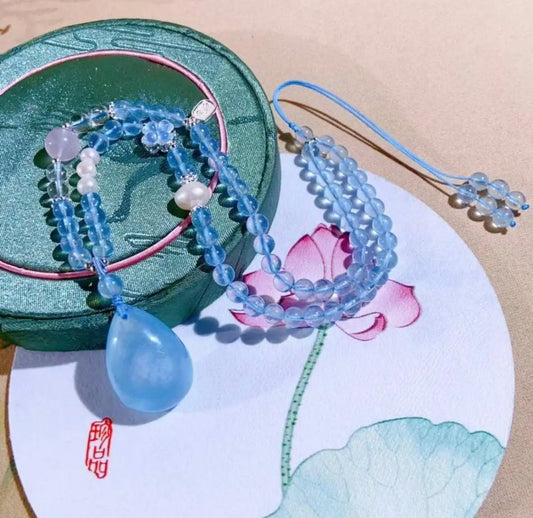 Natural Aquamarine Treasure Water Drop Sweater Chain Necklace SHINECRYS Arts and Crafts