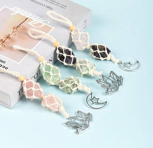 Natural Amethyst Moon and Star Woven Car Pendant SHINECRYS Arts and Crafts