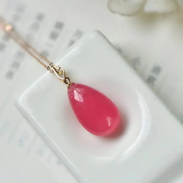 18K Gold Rhodochrosite Pendant Necklace Elegant Red Jewelry xuyuan