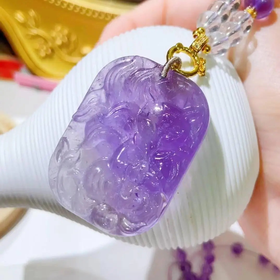 Natural Lavender Amethyst Nine-Tailed Fox Necklace Beauty Crystal Country Arts and Crafts