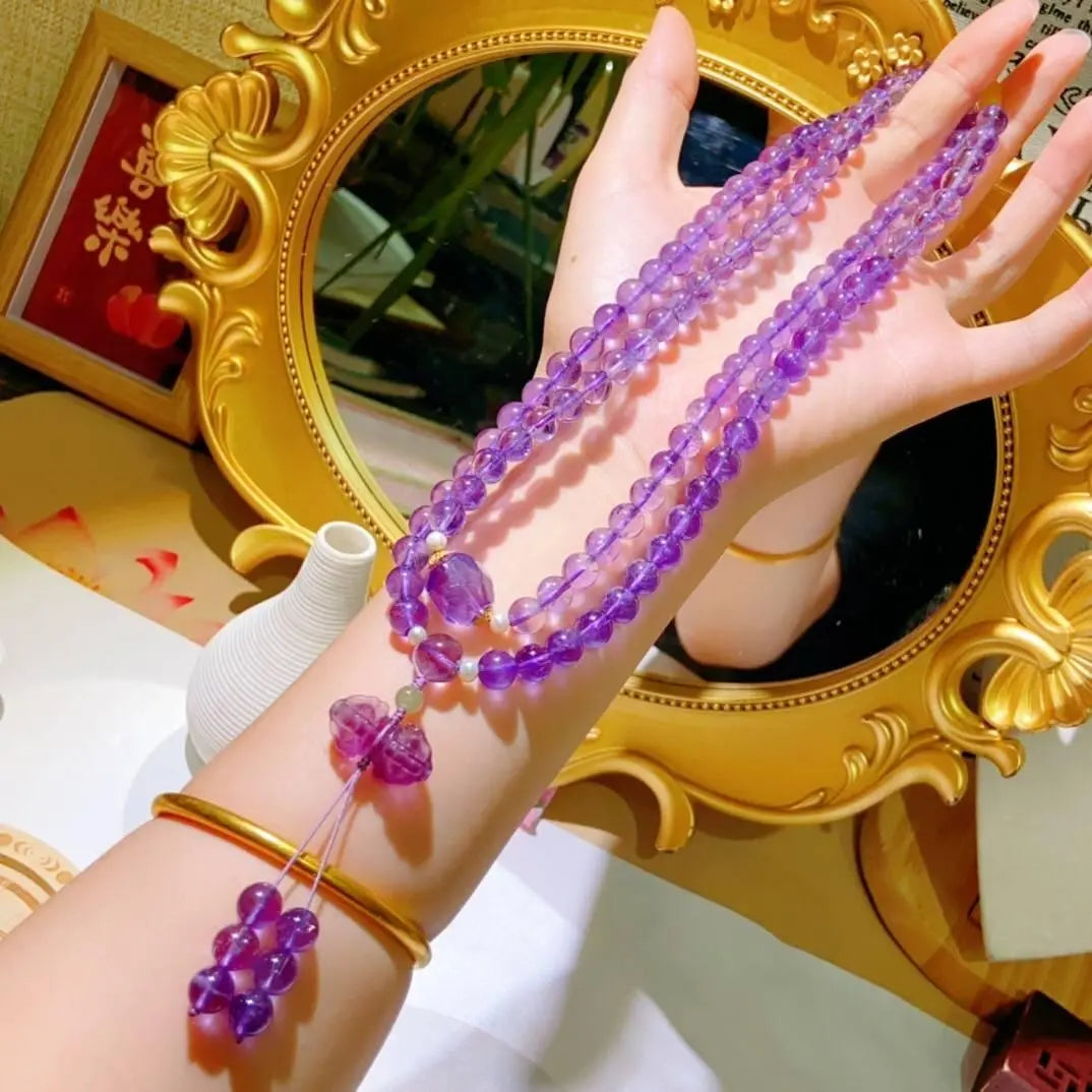 Premium Amethyst 108 Bead Buddha Necklace for Wellness Crystal Country Arts and Crafts