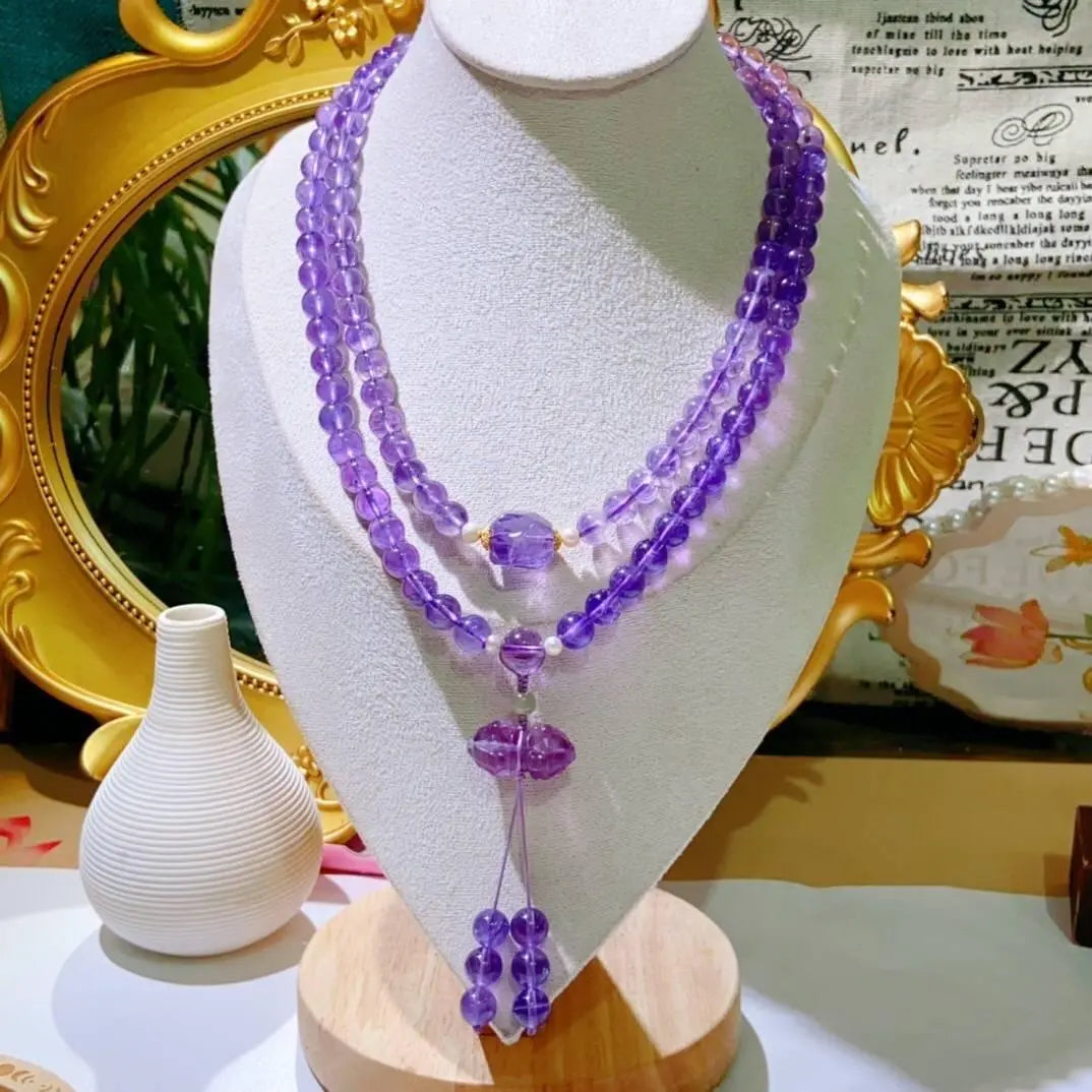 Premium Amethyst 108 Bead Buddha Necklace for Wellness Crystal Country Arts and Crafts
