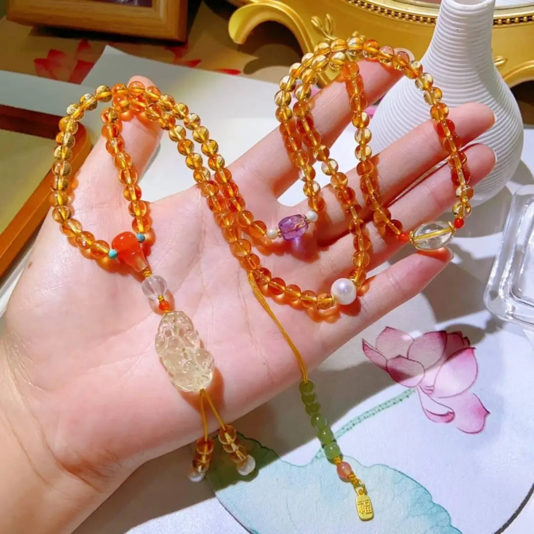 Natural Citrine 108 Buddha Beads Multi-Circle Bracelet Necklace Crystal Country Arts and Crafts