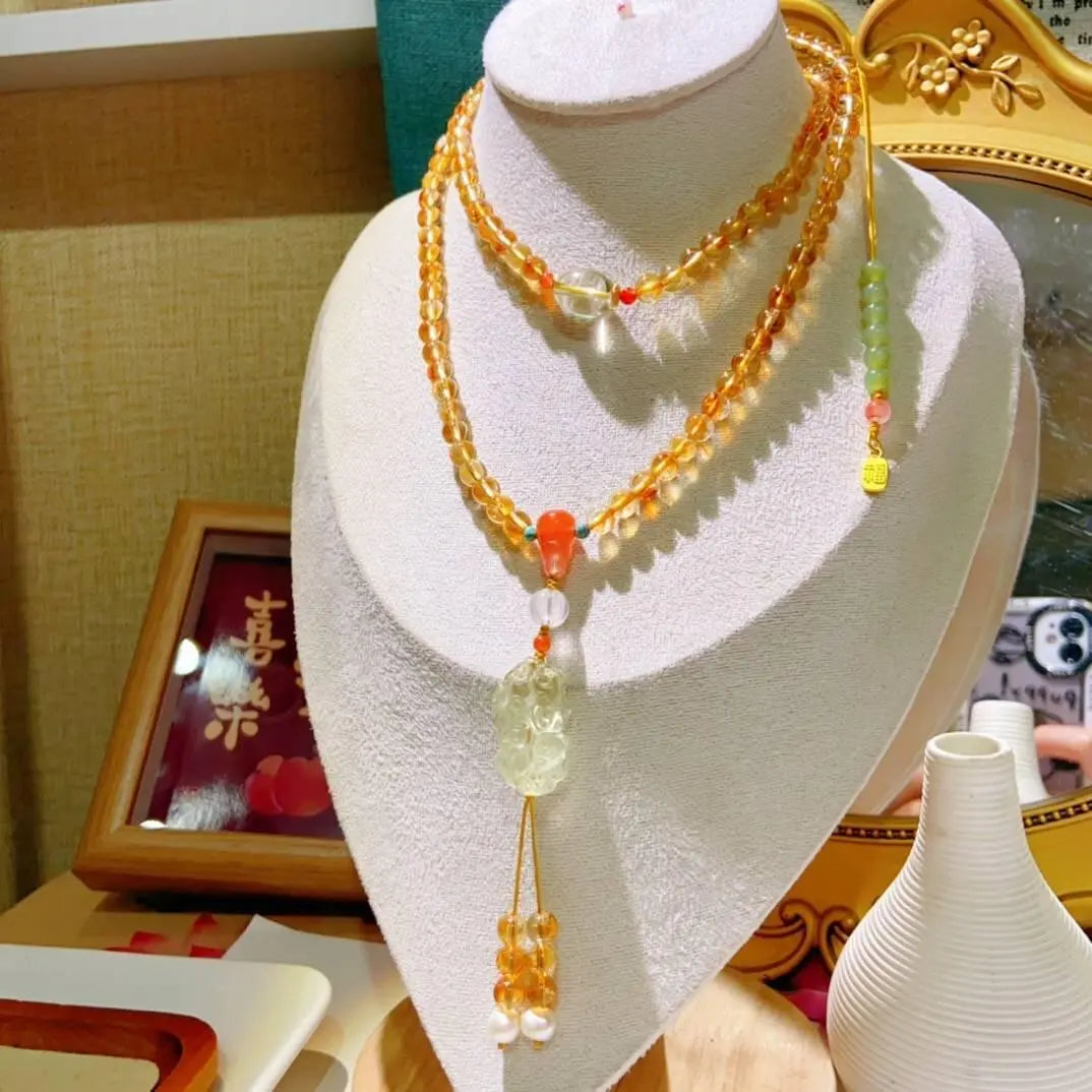 Natural Citrine 108 Buddha Beads Multi-Circle Bracelet Necklace Crystal Country Arts and Crafts