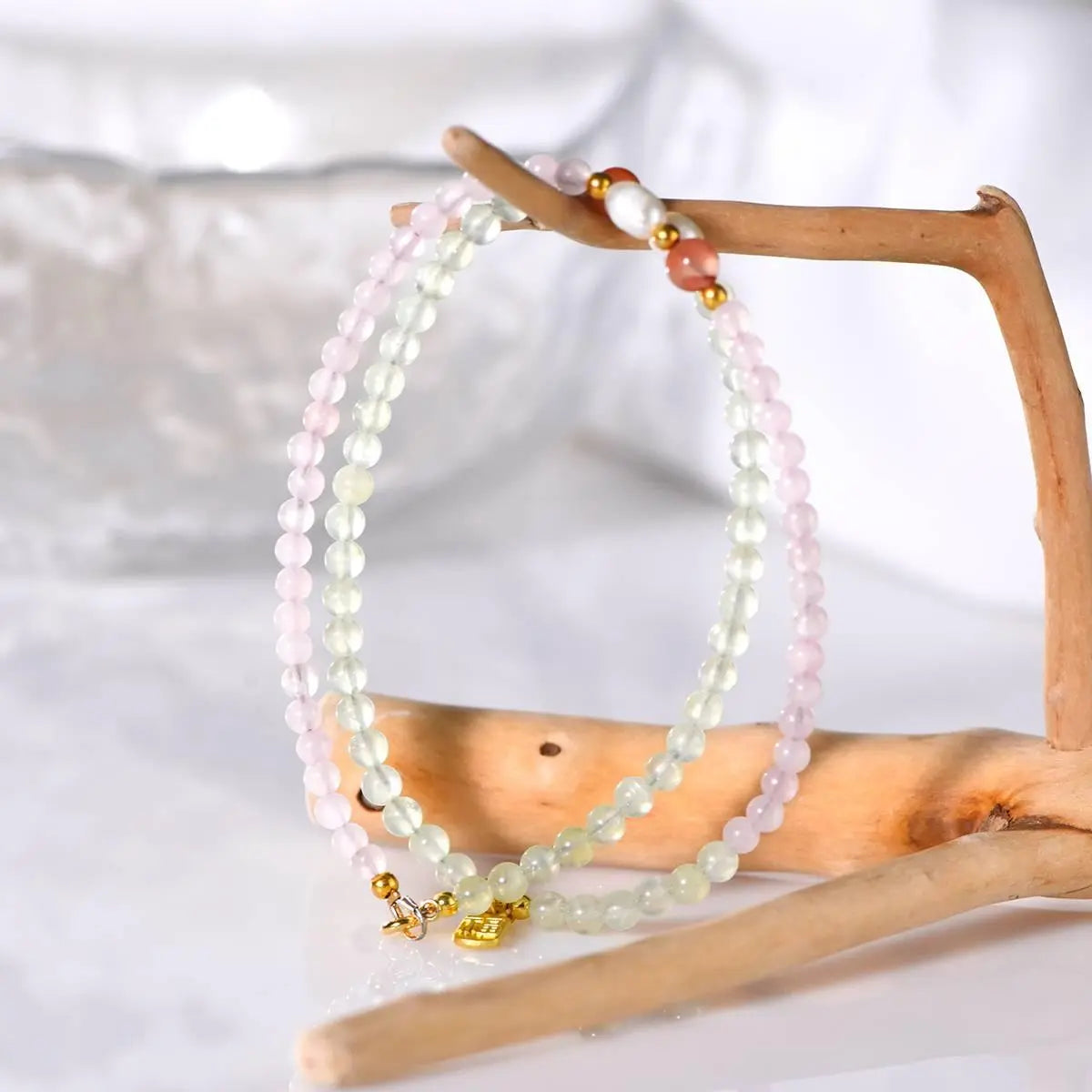 Pink Quartz Prehnite Fresh Clavicle Chain Necklace Crystal Country Arts and Crafts