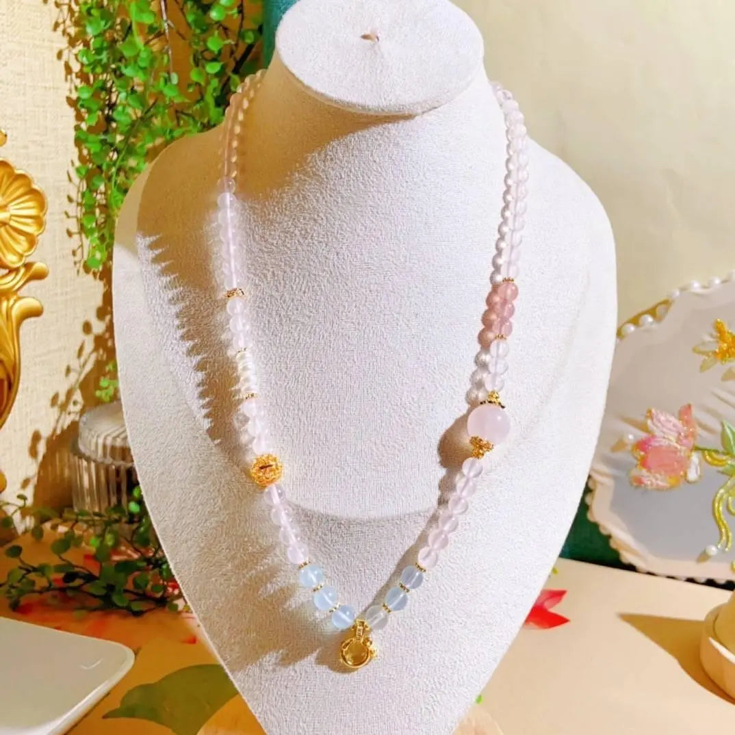 Versatile Natural Pink Quartz Gemstone Chain Jewelry Set Crystal Country Arts and Crafts