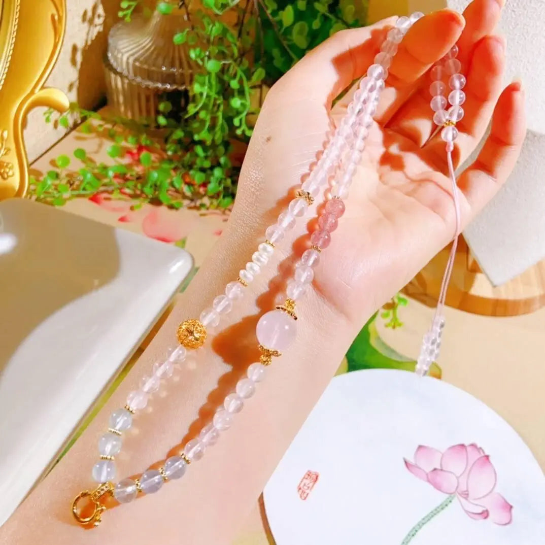 Versatile Natural Pink Quartz Gemstone Chain Jewelry Set Crystal Country Arts and Crafts