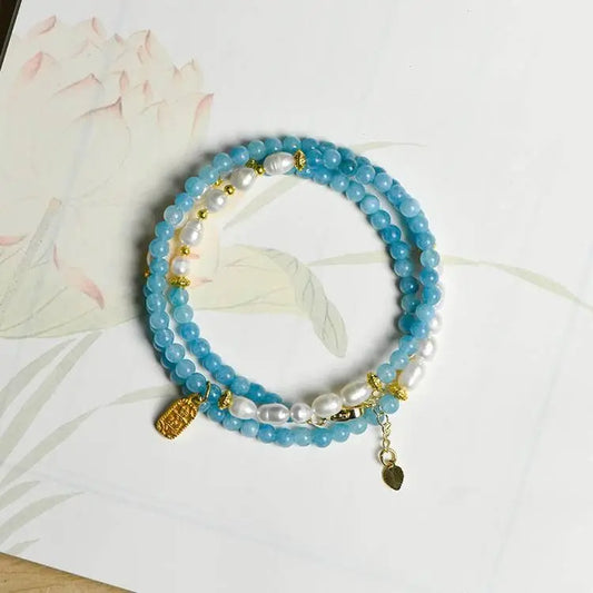 Aquamarine Pearl Necklace Clavicle Chain for Elegant Style Crystal Country Arts and Crafts