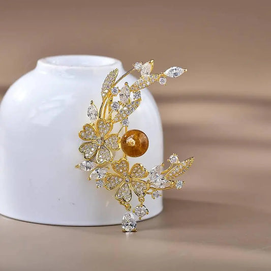 Natural Citrine Brooch - Moon Flower Elegant Accessory Crystal Country Arts and Crafts