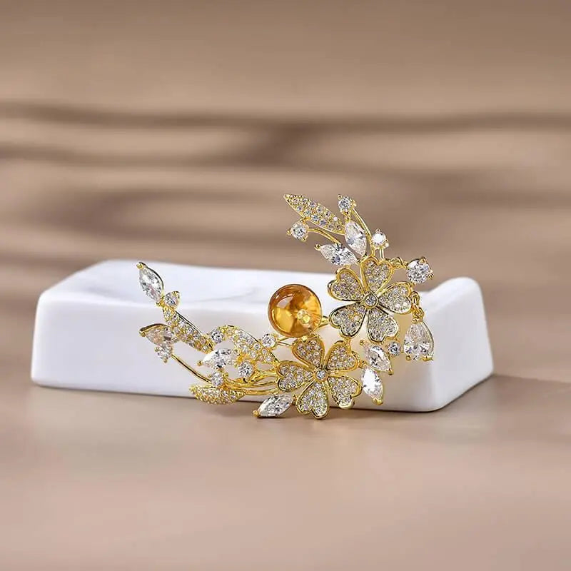 Natural Citrine Brooch - Moon Flower Elegant Accessory Crystal Country Arts and Crafts