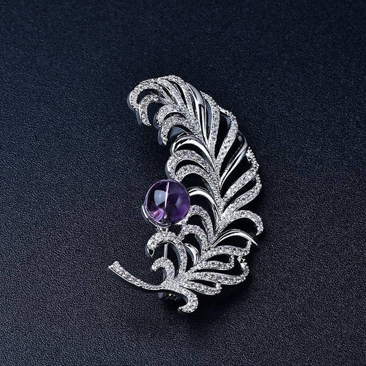 Natural Amethyst Brooch - Feather Model Jewelry Accessory Crystal Country Arts and Crafts