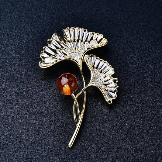 Natural Citrine Brooch - Ginkgo Biloba Leaf Design Crystal Country Arts and Crafts