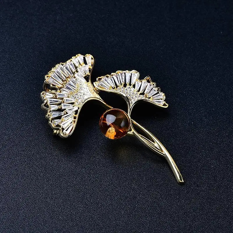 Natural Citrine Brooch - Ginkgo Biloba Leaf Design Crystal Country Arts and Crafts