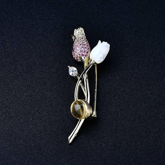 Natural Citrine Brooch - Flower Version for Elegant Style Crystal Country Arts and Crafts