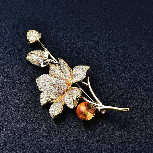 Natural Citrine Brooch - Lotus Flower Elegant Accessory Crystal Country Arts and Crafts