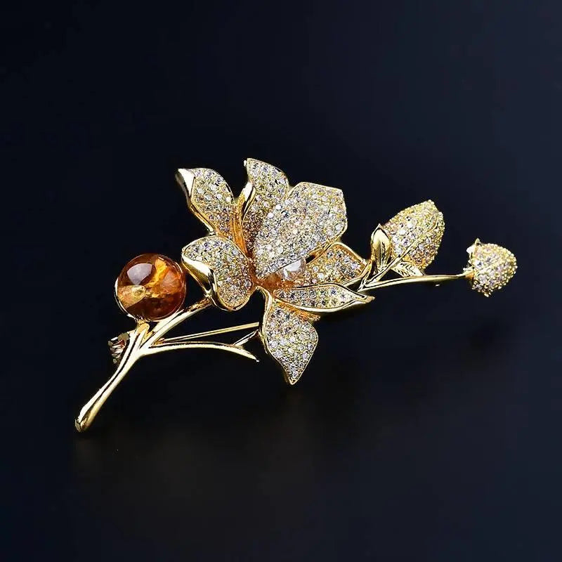 Natural Citrine Brooch - Lotus Flower Elegant Accessory Crystal Country Arts and Crafts