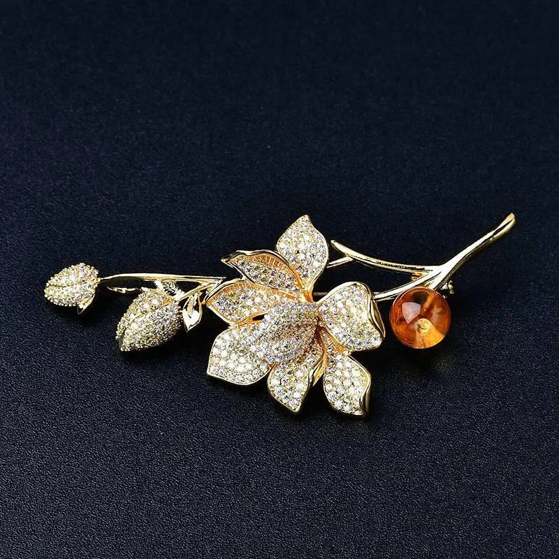 Natural Citrine Brooch - Lotus Flower Elegant Accessory Crystal Country Arts and Crafts