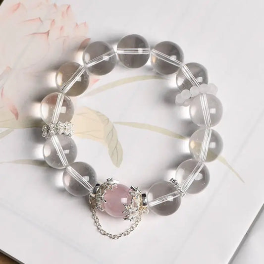 White Crystal Pink Quartz Single Loop Bracelet for Elegance Crystal Country Arts and Crafts