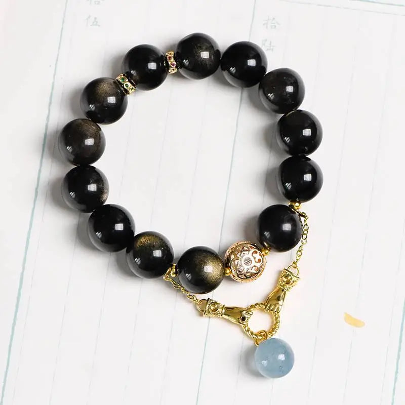 Obsidian Aquamarine Bracelet with Elegant Crystal Accents Crystal Country Arts and Crafts