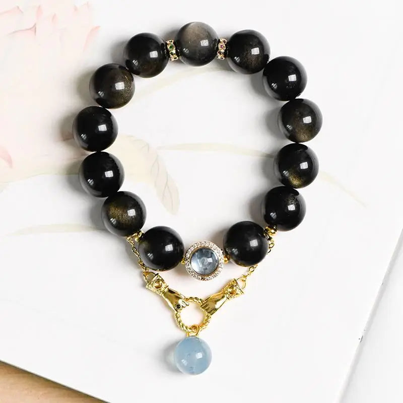 Obsidian Aquamarine Bracelet with Elegant Crystal Accents Crystal Country Arts and Crafts