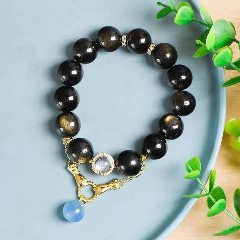 Obsidian Aquamarine Bracelet with Elegant Crystal Accents Crystal Country Arts and Crafts