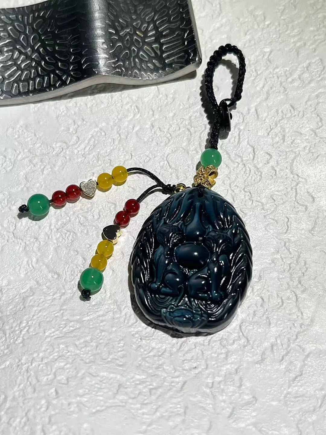 Ice-Colored Obsidian Double Fox Keychain Bag Charm - Wealth Attracting & Protective Amulet Gift Chenming Arts and Crafts