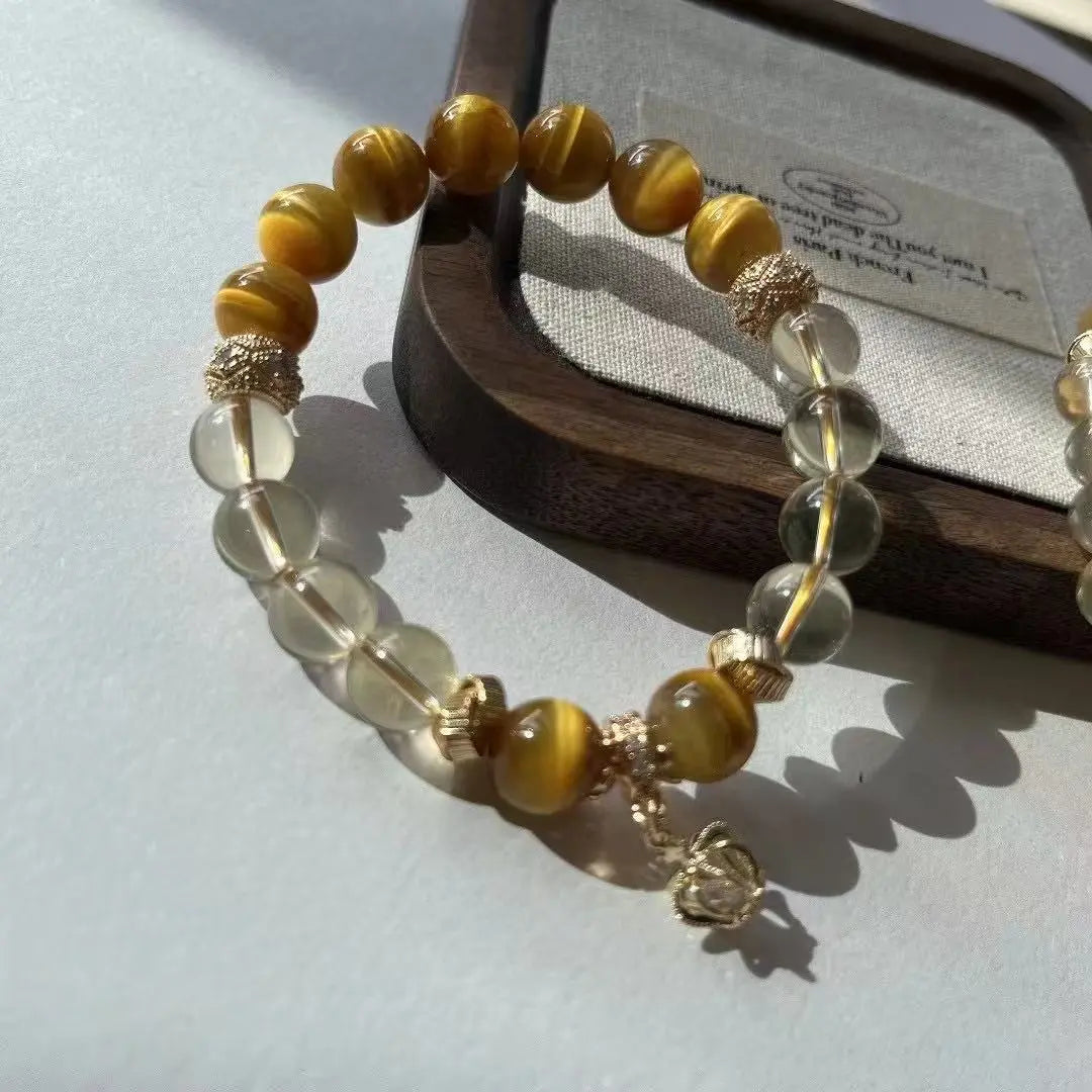 Original DIY Natural Topaz & Gold Tiger Eye Bracelet - Handcrafted Stackable Gemstone Jewelry Chenming Arts and Crafts