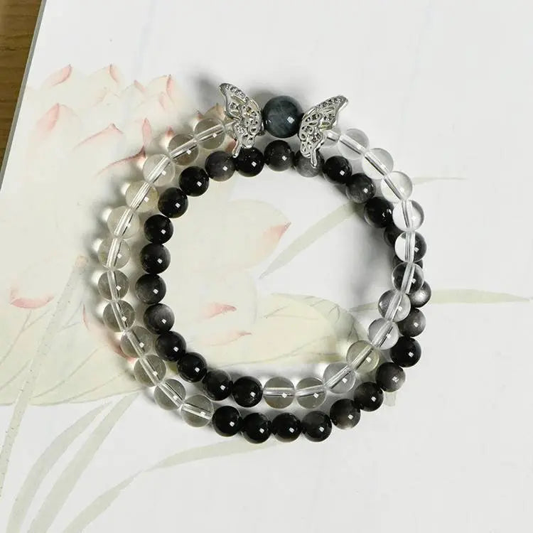Natural Clear Quartz and Silver Sheen Obsidian Butterfly Bracelet Crystal Country