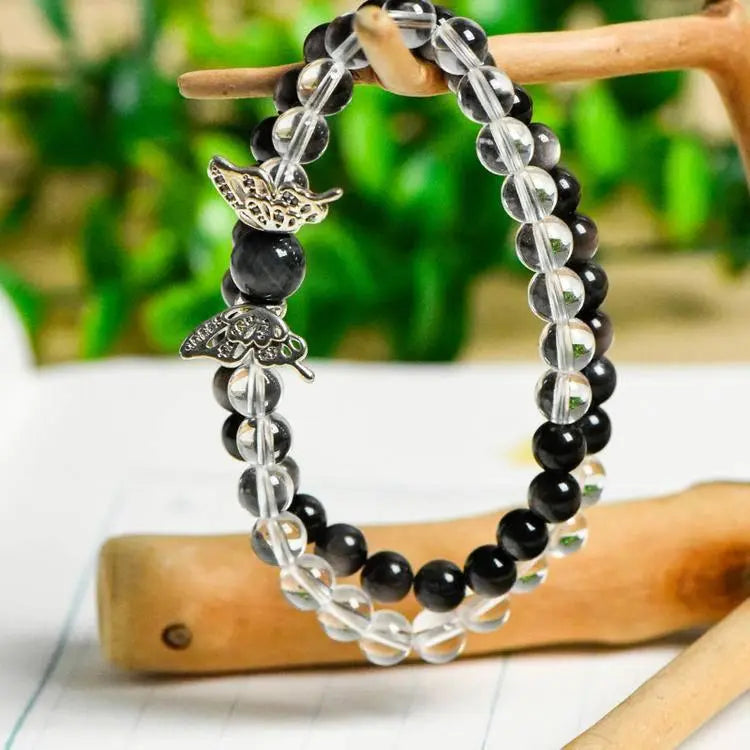 Natural Clear Quartz and Silver Sheen Obsidian Butterfly Bracelet Crystal Country
