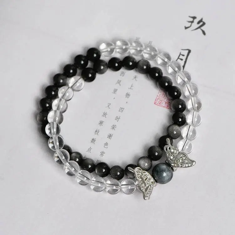 Natural Clear Quartz and Silver Sheen Obsidian Butterfly Bracelet Crystal Country