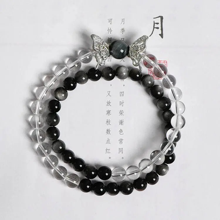 Natural Clear Quartz and Silver Sheen Obsidian Butterfly Bracelet Crystal Country