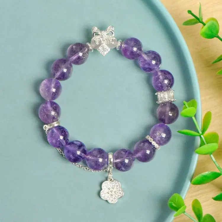 Natural Amethyst Single Loop Bracelet with Flower Charm Crystal Country