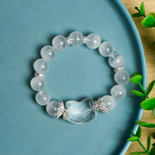 Natural White Phantom and Cat Shaped Bead Bracelet Crystal Country Arts and Crafts