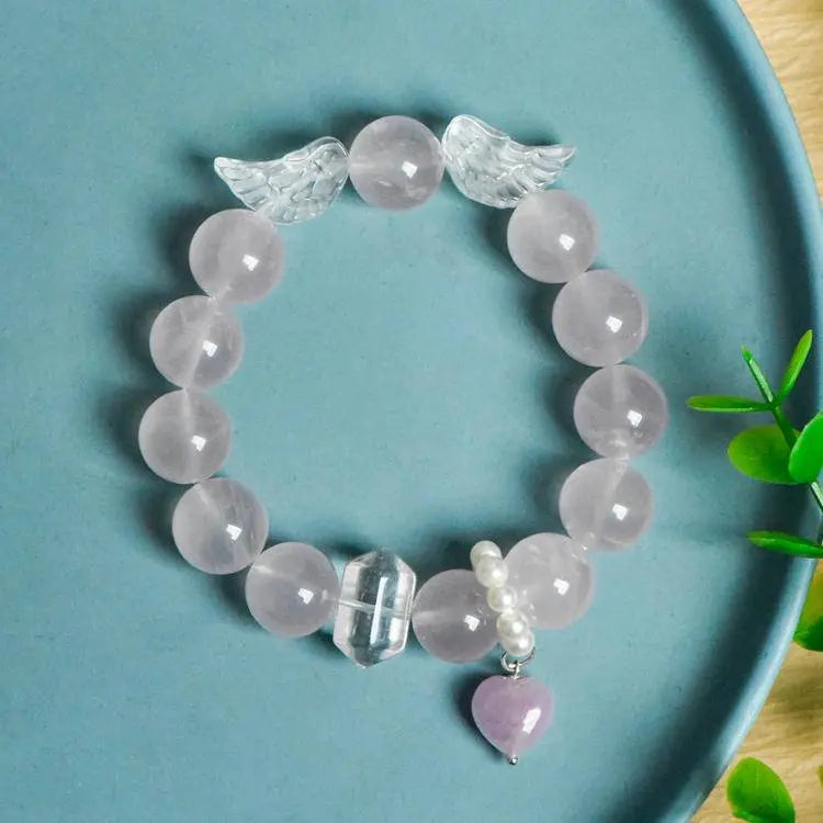 Natural Jelly Like Pink and Clear Quartz Angel Wing Bracelet Crystal Country