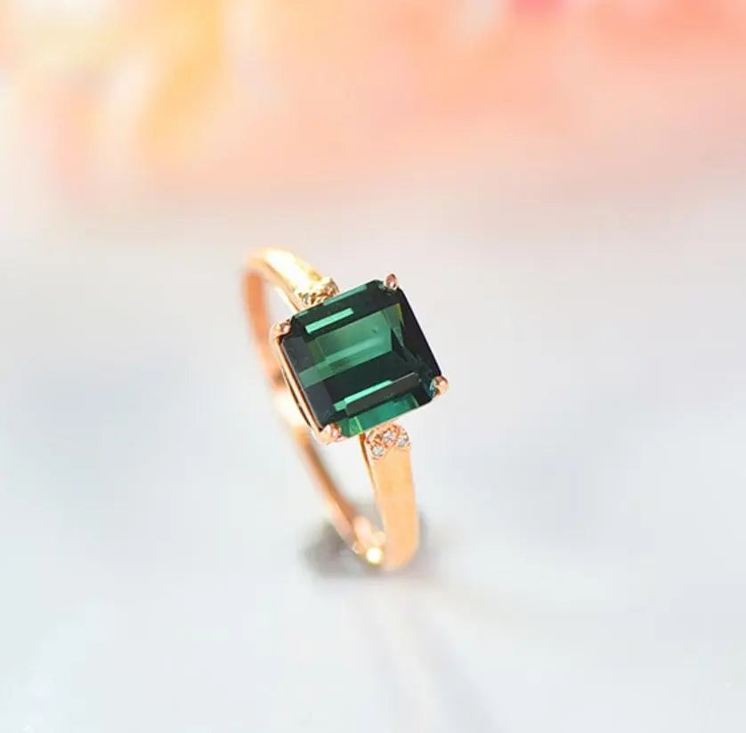 Natural Green Tourmaline Ring 18K Gold Diamond Square Ring xuyuan