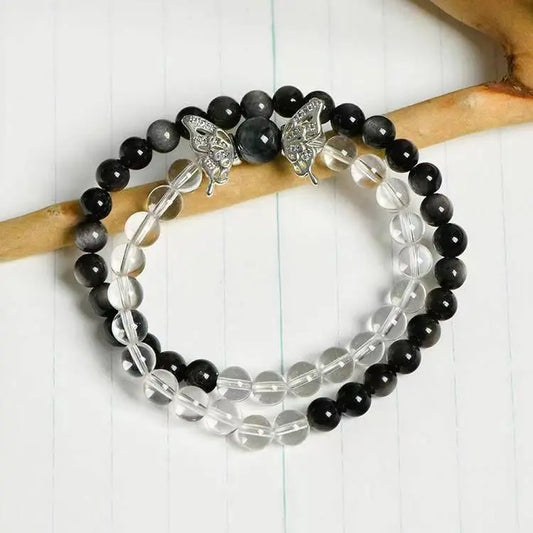 Natural Clear Quartz and Silver Sheen Obsidian Butterfly Bracelet Crystal Country