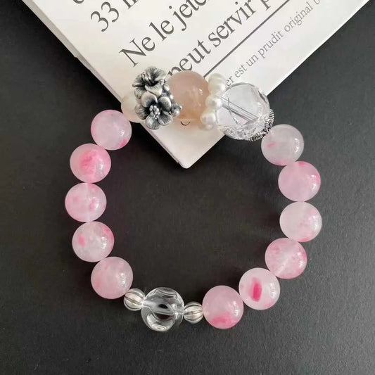 Original DIY Natural Pearls Bracelet - Cherry Agate & White Crystal on Sterling Silver 999 Chain Chenming Arts and Crafts