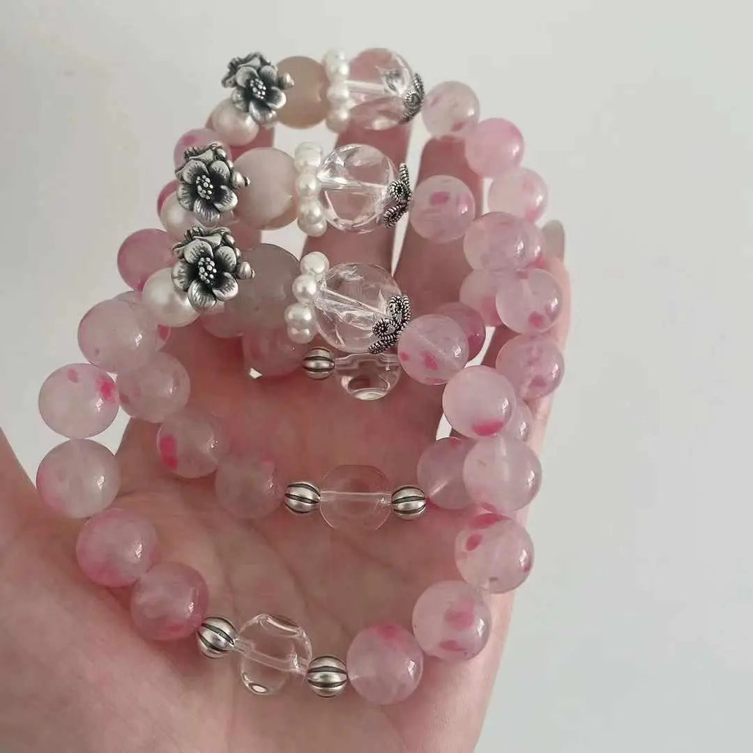 Original DIY Natural Pearls Bracelet - Cherry Agate & White Crystal on Sterling Silver 999 Chain Chenming Arts and Crafts