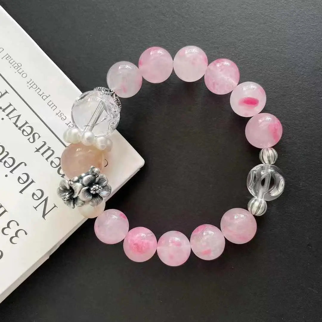 Original DIY Natural Pearls Bracelet - Cherry Agate & White Crystal on Sterling Silver 999 Chain Chenming Arts and Crafts