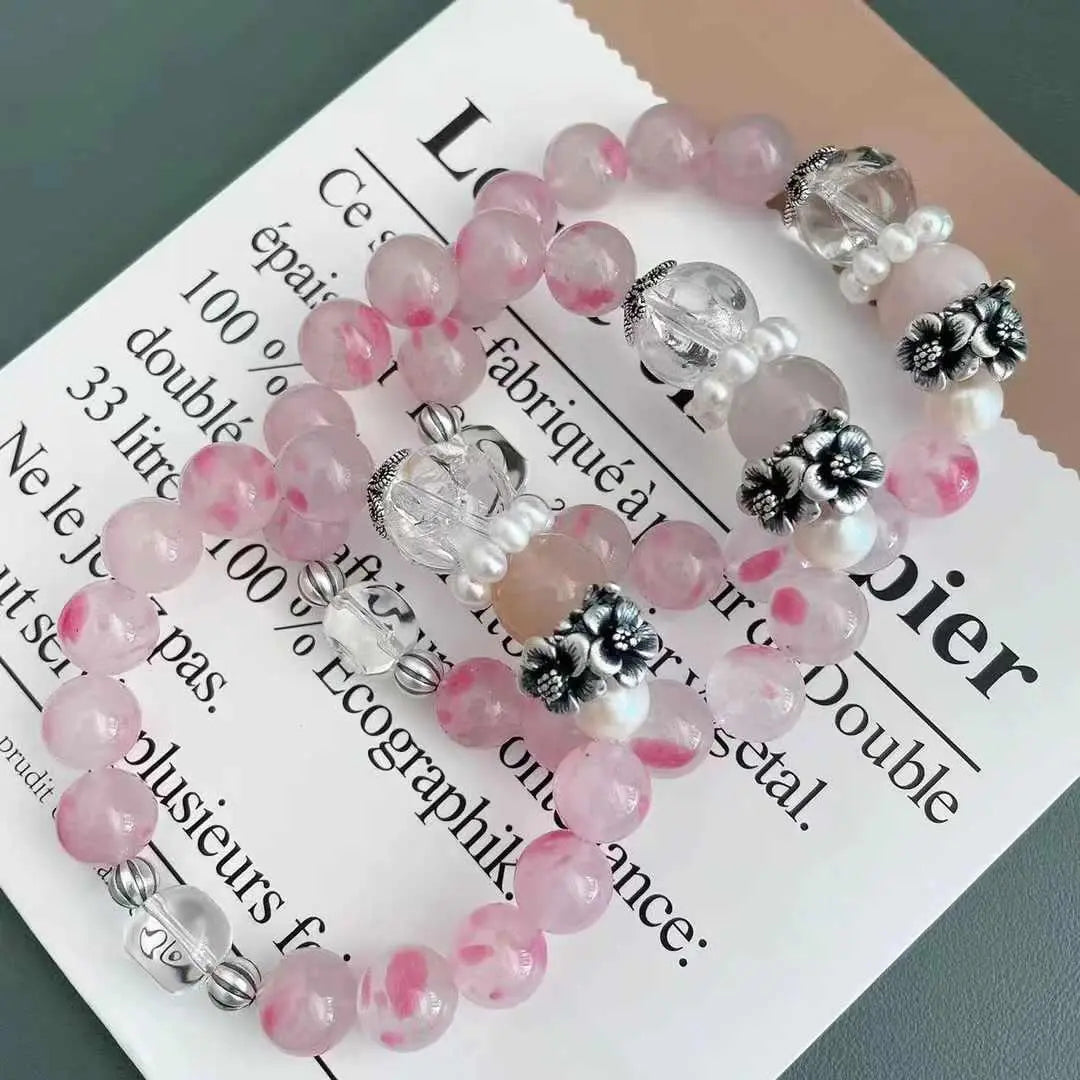 Original DIY Natural Pearls Bracelet - Cherry Agate & White Crystal on Sterling Silver 999 Chain Chenming Arts and Crafts