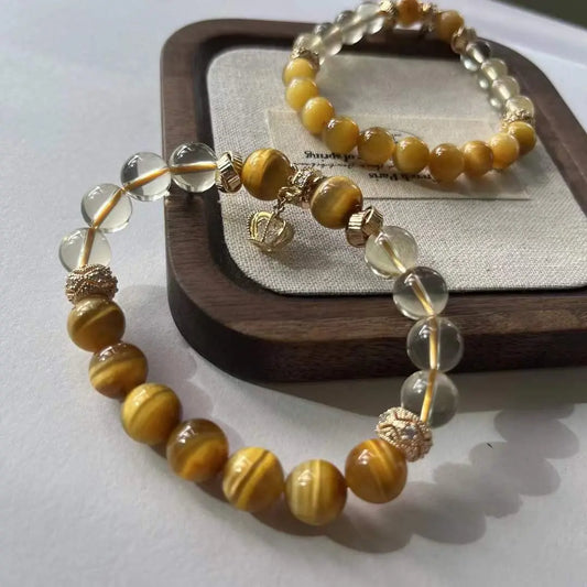 Original DIY Natural Topaz & Gold Tiger Eye Bracelet - Handcrafted Stackable Gemstone Jewelry Chenming Arts and Crafts