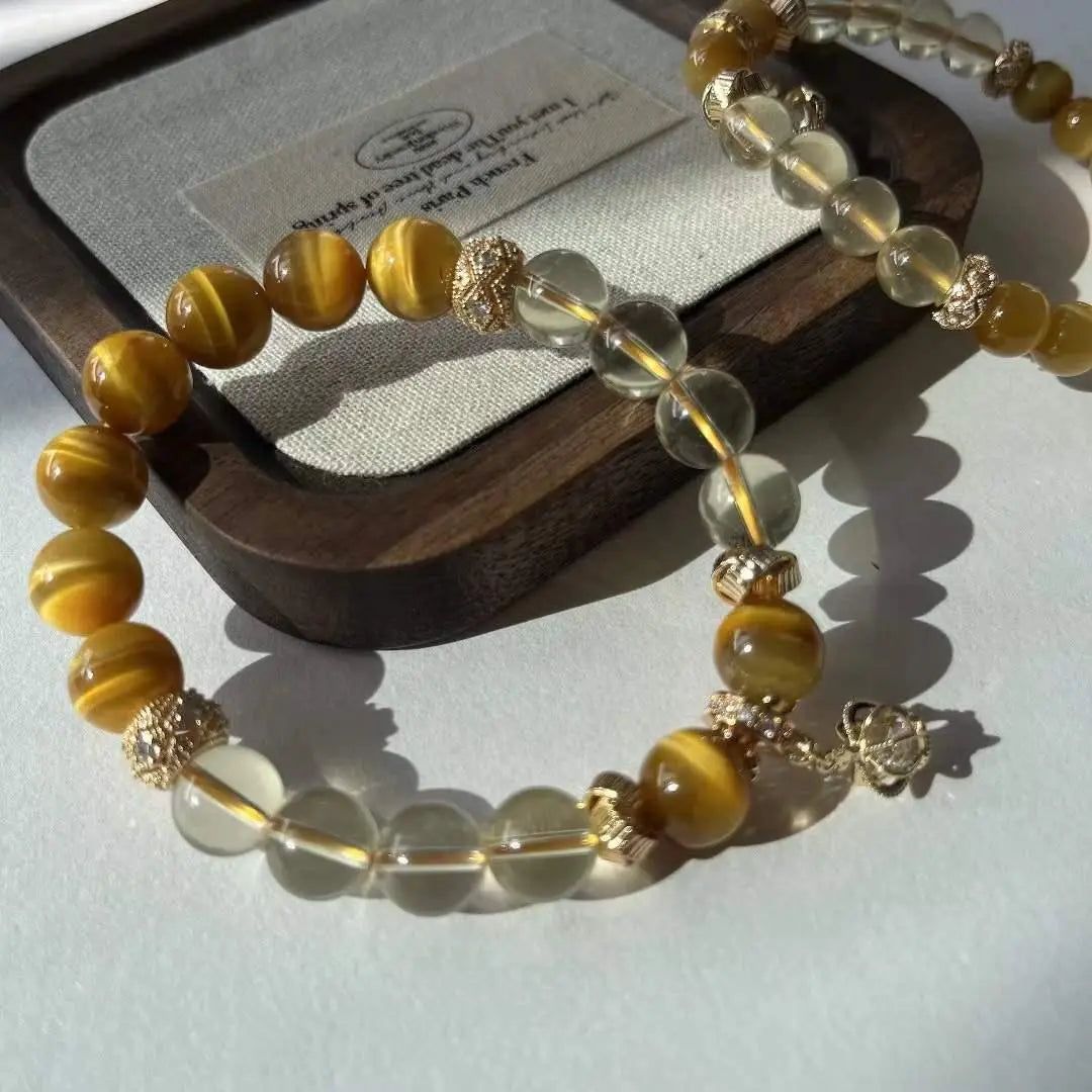 Original DIY Natural Topaz & Gold Tiger Eye Bracelet - Handcrafted Stackable Gemstone Jewelry Chenming Arts and Crafts