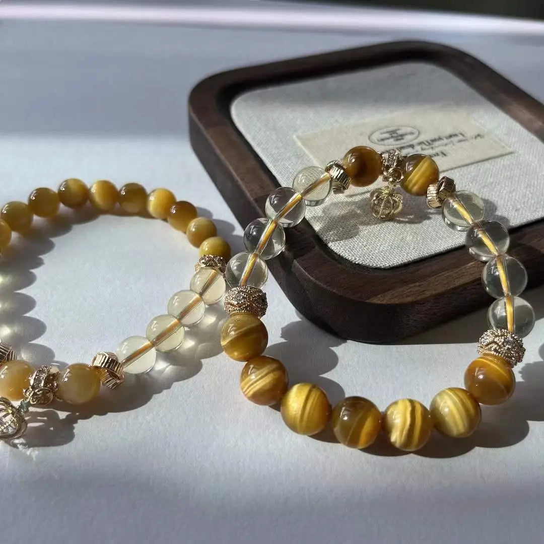Original DIY Natural Topaz & Gold Tiger Eye Bracelet - Handcrafted Stackable Gemstone Jewelry Chenming Arts and Crafts