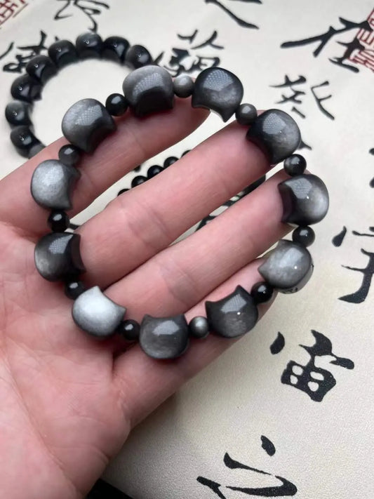 Silver Obsidian Cat Head Jewelry Pendant Charm Accessory Chenming Arts and Crafts