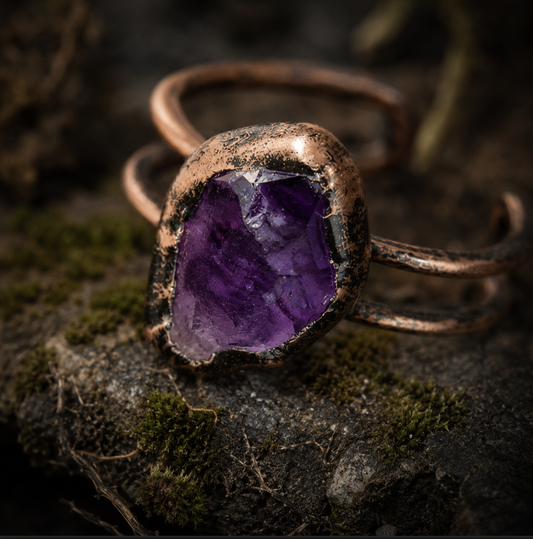 Amethyst crystal ring displayed on mossy stone with natural texture and soft shadowed light.