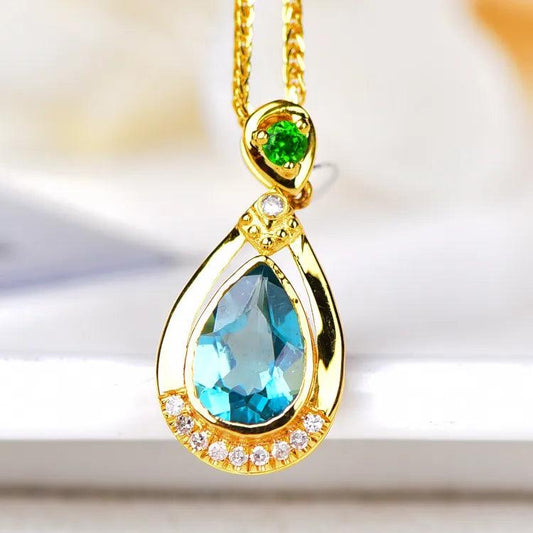 Elegant 18K Gold Blue Tourmaline Diamond Drop Pendant xuyuan Arts and Crafts