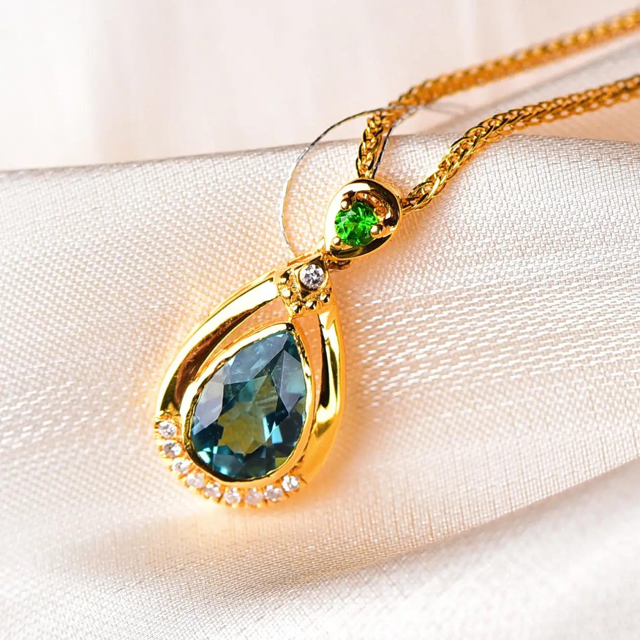 Elegant 18K Gold Blue Tourmaline Diamond Drop Pendant xuyuan Arts and Crafts