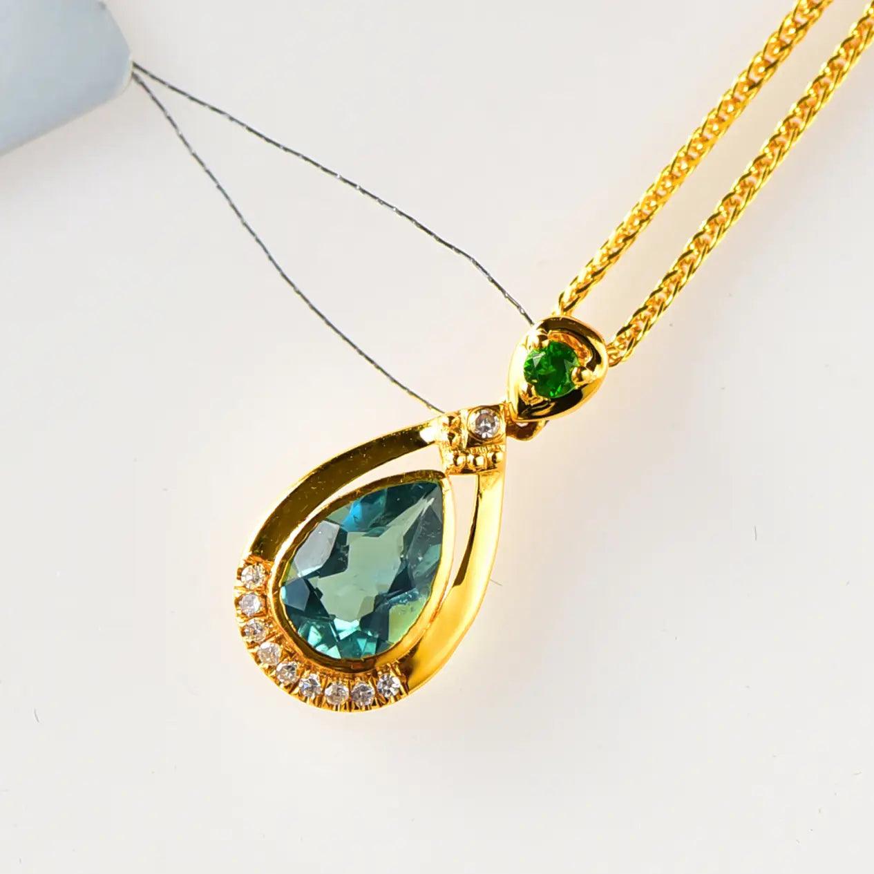 Elegant 18K Gold Blue Tourmaline Diamond Drop Pendant xuyuan Arts and Crafts